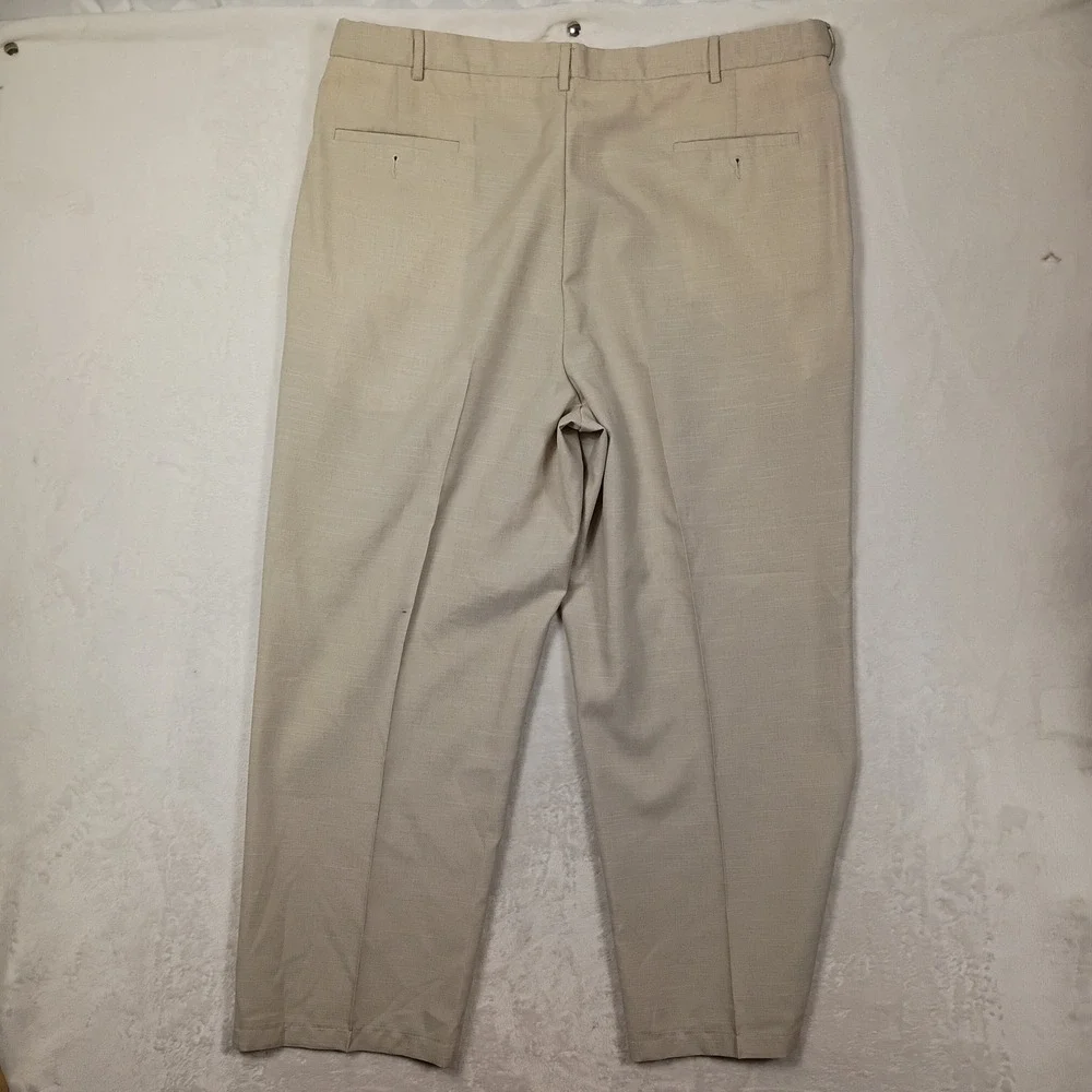 Haggar Dress Pants Men 44x30 Tan Pleated Linen Blend Vintage 90s Work Trousers